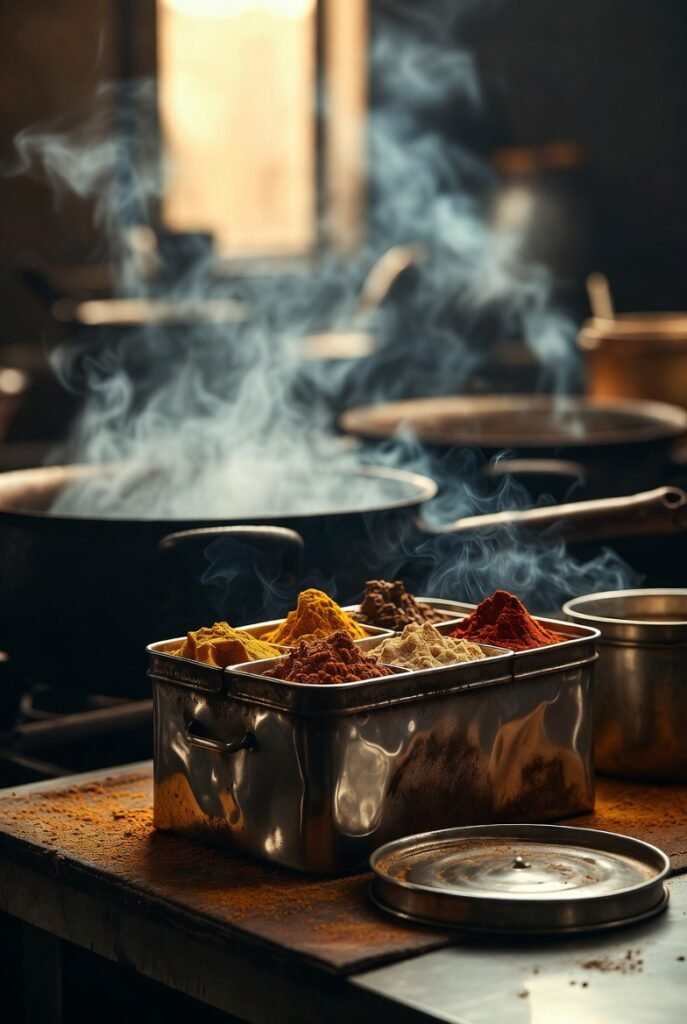 an old dented metal masala dabba (spice box) with visible spices like turmeric, red chili, coriander powder.