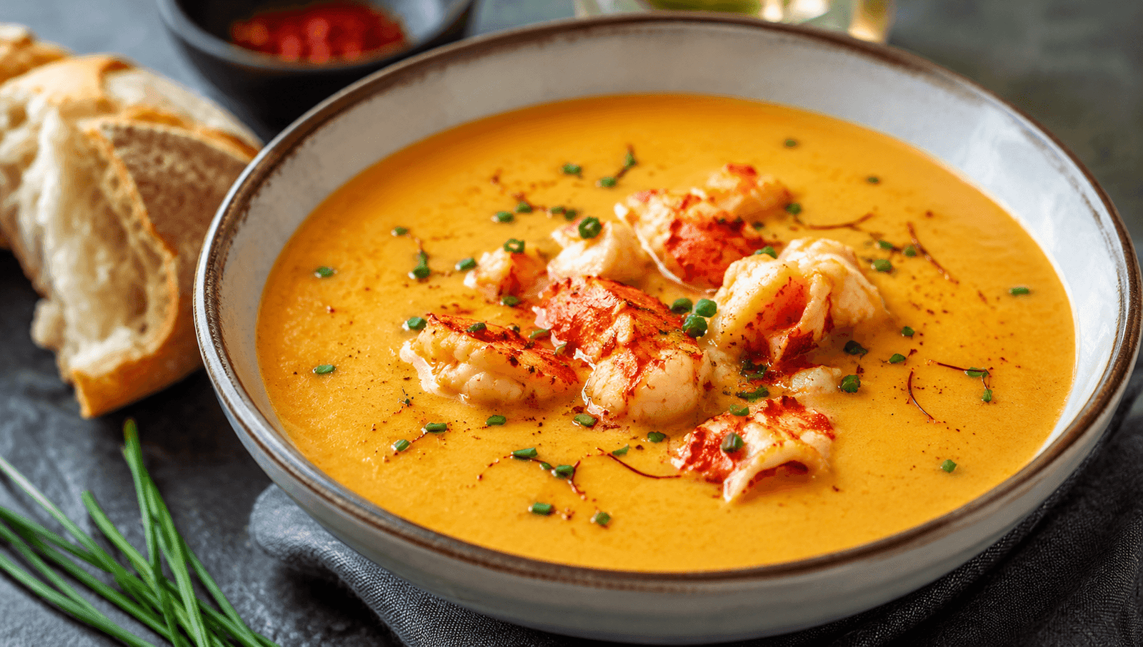 Creamy lobster bisque recipe with saffron infusion served in a bowl